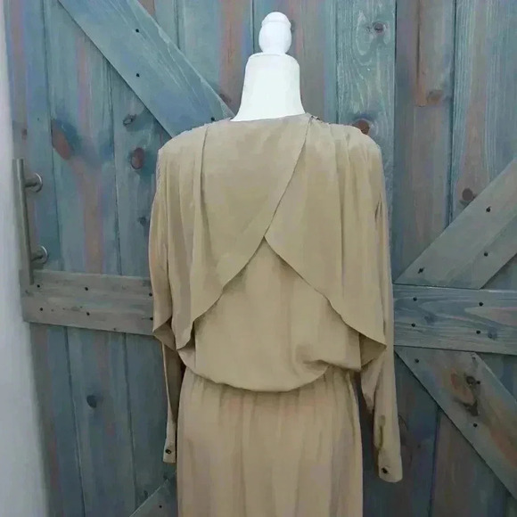Khaki Tan Vintage 1980s Dress Chiara Creazione Drapey Silk Size 12 Medium - Picture 10 of 10